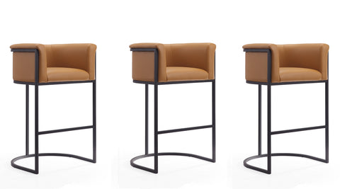 Manhattan Comfort Cosmopolitan Mid-Century Modern Metal Upholstered Barstool in Camel - Set of 3