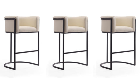 Manhattan Comfort Cosmopolitan Mid-Century Modern Metal Upholstered Barstool in Cream - Set of 3