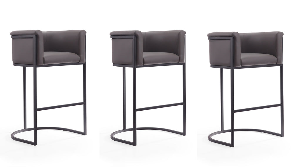 Manhattan Comfort Cosmopolitan Mid-Century Modern Metal Upholstered Barstool in Graphite - Set of 3