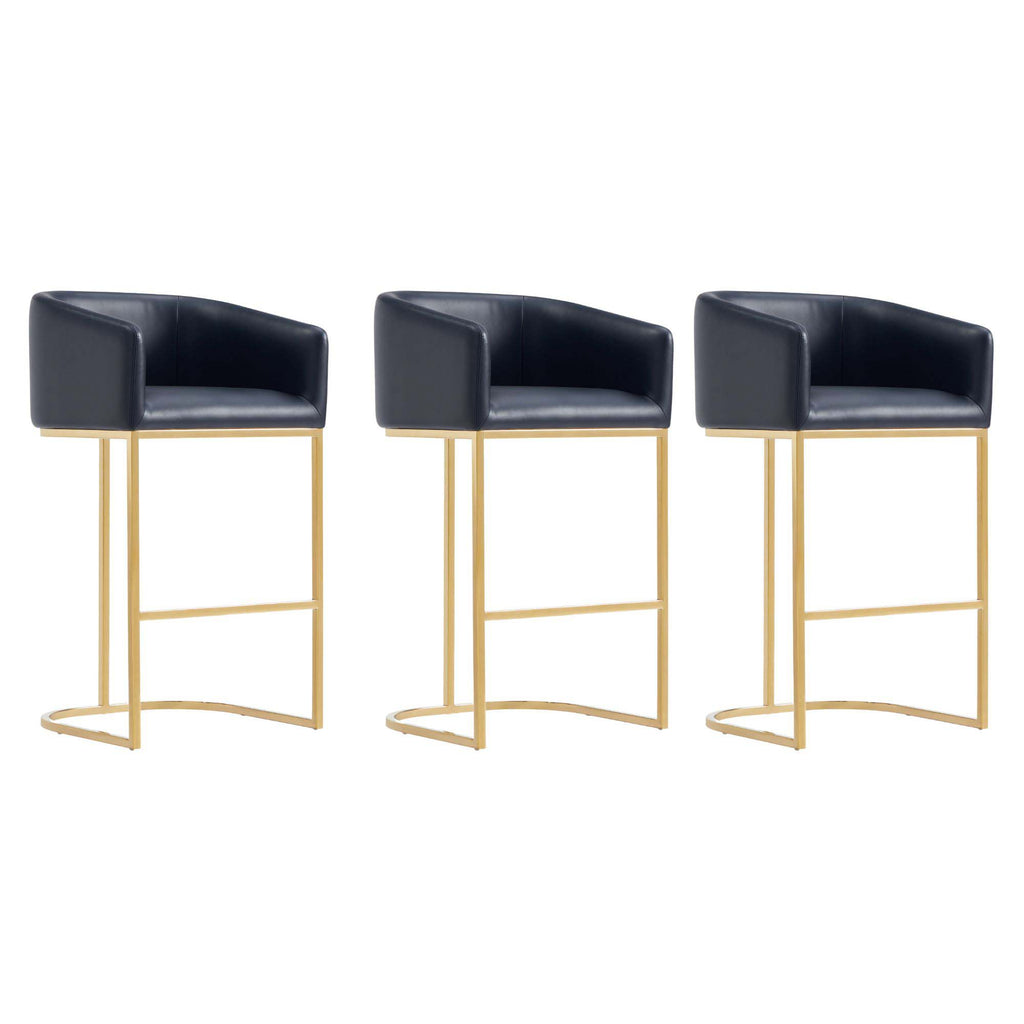 Manhattan Comfort Louvre Mid-Century Modern Metal Upholstered Barstool in Black - Set of 3