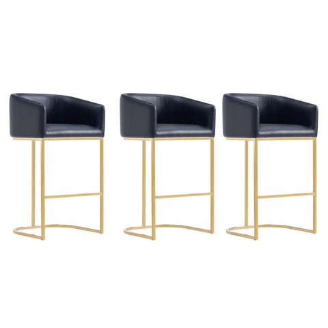 Manhattan Comfort Louvre Mid-Century Modern Metal Upholstered Barstool in Black - Set of 3