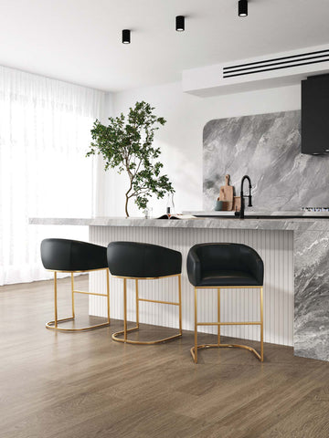 Manhattan Comfort Louvre Mid-Century Modern Metal Upholstered Barstool in Black - Set of 3