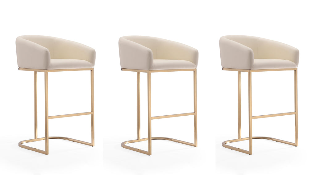 Manhattan Comfort Louvre Mid-Century Modern Metal Upholstered Barstool in Cream - Set of 3