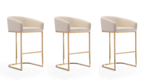 Manhattan Comfort Louvre Mid-Century Modern Metal Upholstered Barstool in Cream - Set of 3