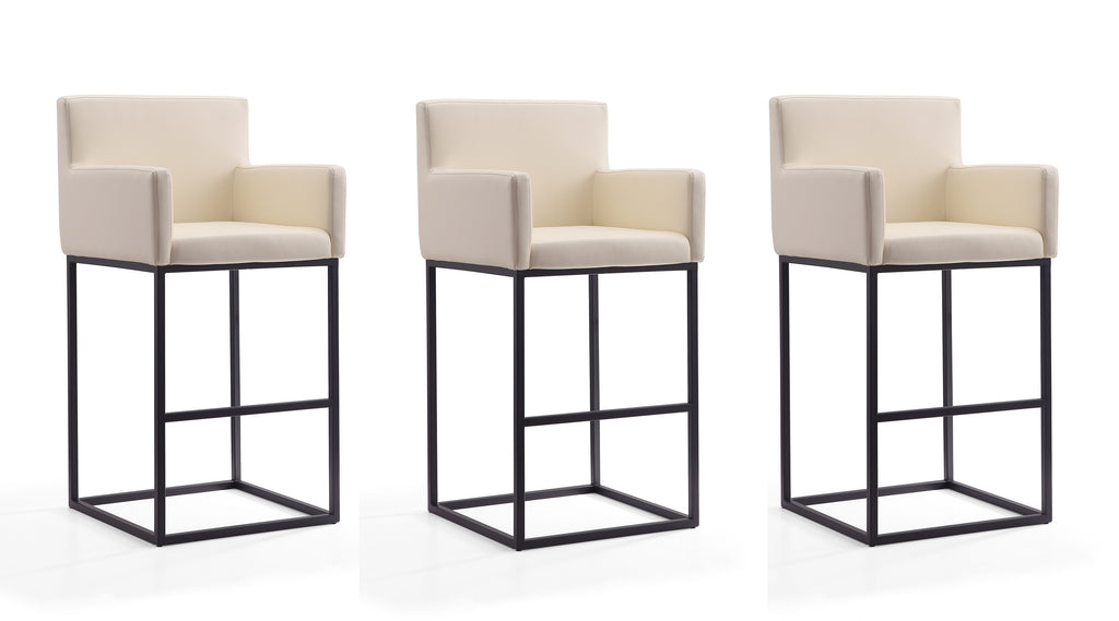 Manhattan Comfort Ambassador Mid-Century Modern Metal Upholstered Barstool in Cream - Set of 3