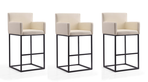 Manhattan Comfort Ambassador Mid-Century Modern Metal Upholstered Barstool in Cream - Set of 3