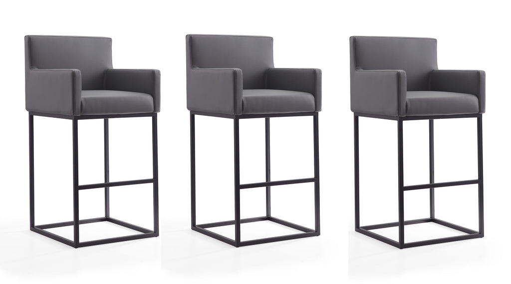 Manhattan Comfort Ambassador Mid-Century Modern Metal Upholstered Barstool in Gray - Set of 3