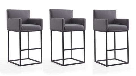 Manhattan Comfort Ambassador Mid-Century Modern Metal Upholstered Barstool in Gray - Set of 3