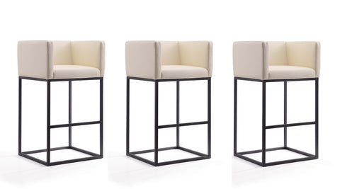 Manhattan Comfort Embassy Mid-Century Modern Metal Upholstered Barstool in Cream - Set of 3