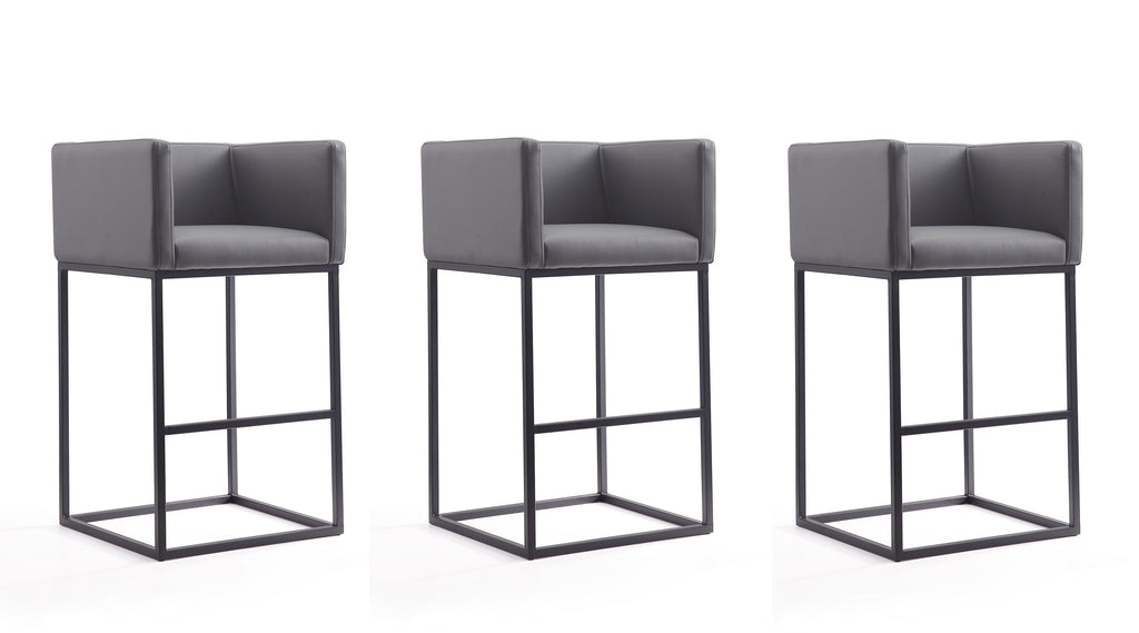 Manhattan Comfort Embassy Mid-Century Modern Metal Upholstered Barstool in Gray - Set of 3