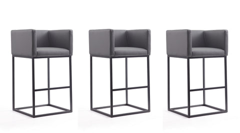 Manhattan Comfort Embassy Mid-Century Modern Metal Upholstered Barstool in Gray - Set of 3
