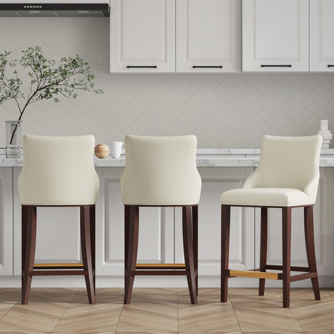 Manhattan Comfort Shubert Modern Wood Upholstered Barstool in Ivory - Set of 3