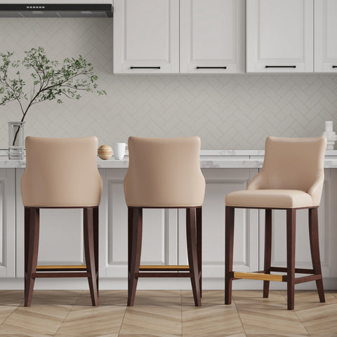 Manhattan Comfort Shubert Modern Wood Upholstered Barstool in Tan - Set of 3