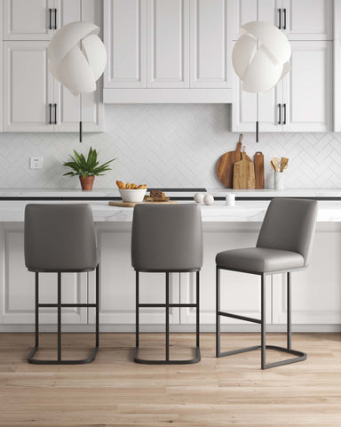 Manhattan Comfort Serena Modern Metal Upholstered Barstool in Taupe - Set of 3