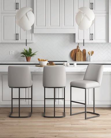 Manhattan Comfort Serena Modern Metal Upholstered Barstool in Light Gray - Set of 3