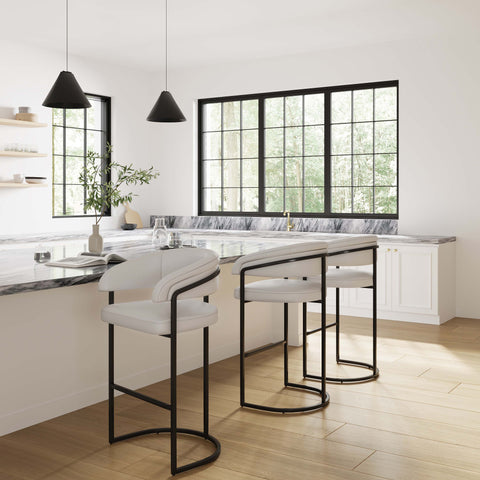 Manhattan Comfort Augusta Modern Metal Upholstered Barstool in Light Gray - Set of 3