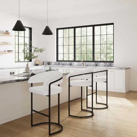 Manhattan Comfort Augusta Modern Metal Upholstered Barstool in White - Set of 3