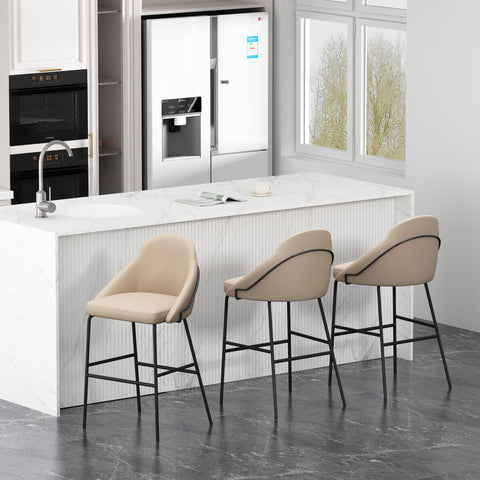 Manhattan Comfort Gracie Modern Metal Upholstered Barstool in Tan and Black - Set of 3