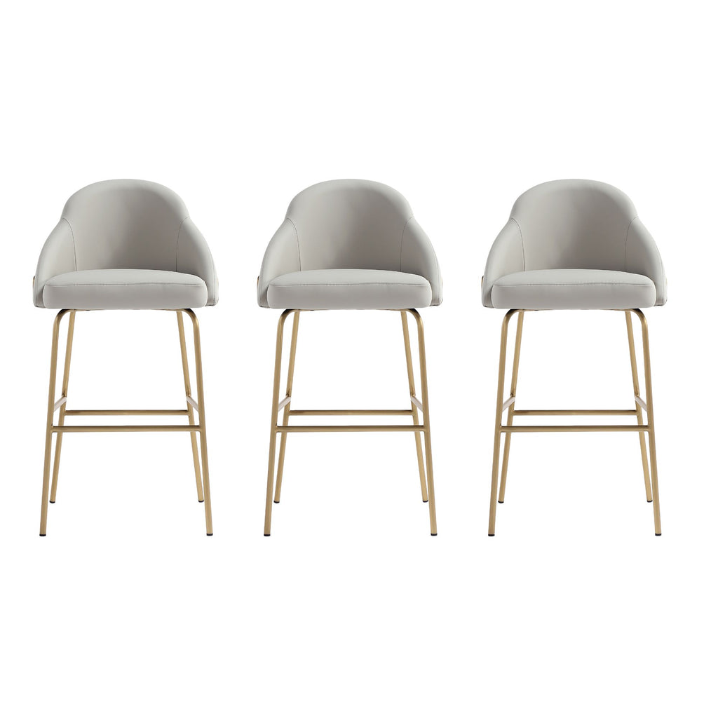 Manhattan Comfort Gracie Modern Metal Upholstered Barstool in Stone Gray and Gold - Set of 3