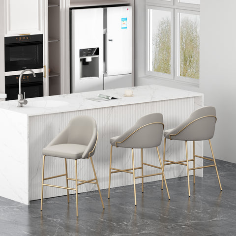 Manhattan Comfort Gracie Modern Metal Upholstered Barstool in Stone Gray and Gold - Set of 3