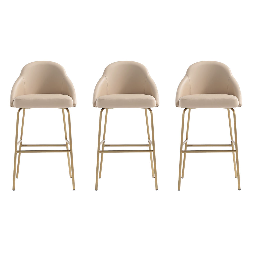 Manhattan Comfort Gracie Modern Metal Upholstered Barstool in Tan and Gold - Set of 3