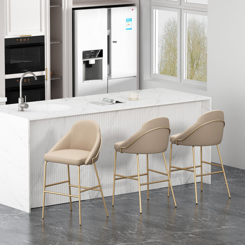 Manhattan Comfort Gracie Modern Metal Upholstered Barstool in Tan and Gold - Set of 3