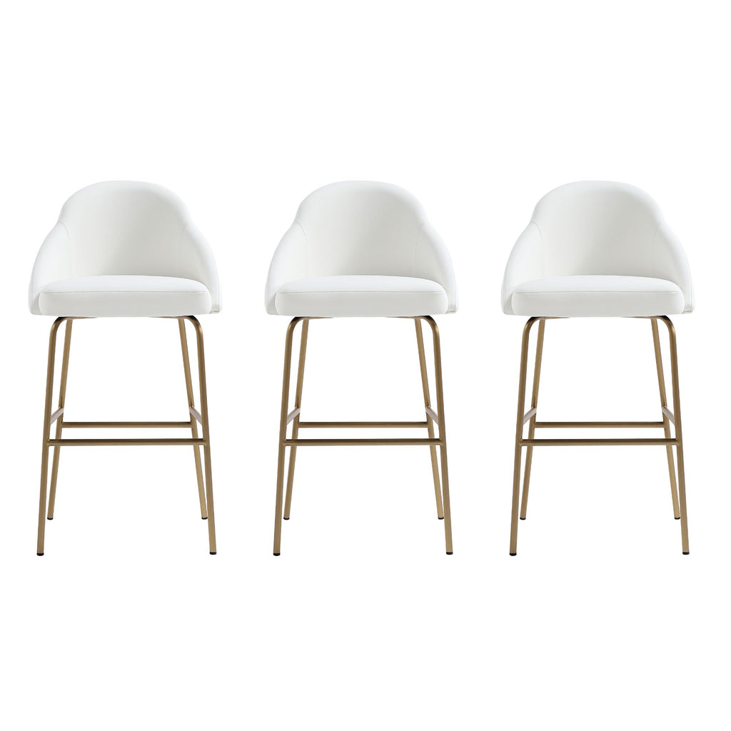 Manhattan Comfort Gracie Modern Metal Upholstered Barstool in White and Gold - Set of 3