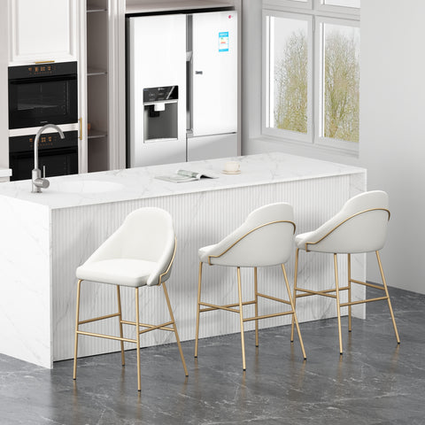 Manhattan Comfort Gracie Modern Metal Upholstered Barstool in White and Gold - Set of 3