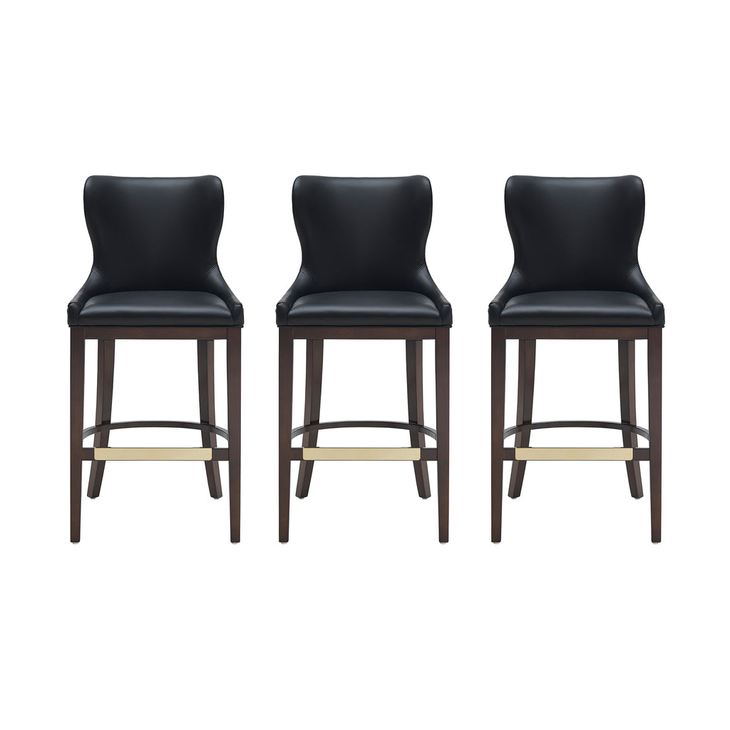 Manhattan Comfort Blair Modern Wood Upholstered Barstool in Black - Set of 3