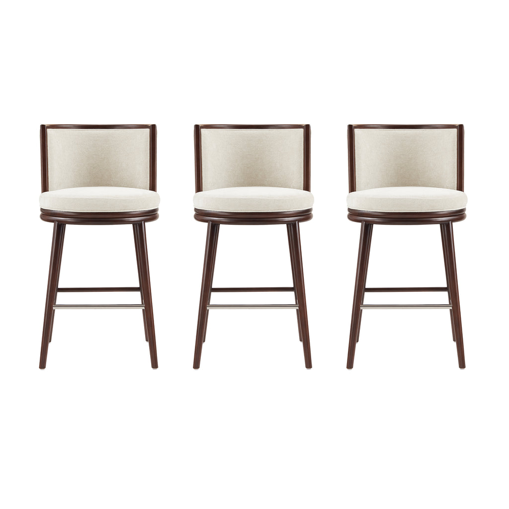 Manhattan Comfort Evalyn Modern Wood Upholstered Barstool in Cream - Set of 3