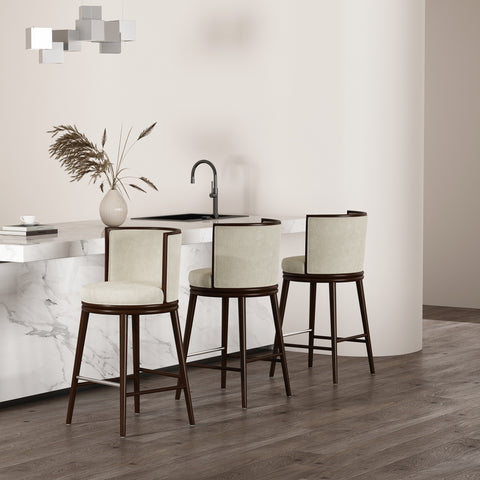 Manhattan Comfort Evalyn Modern Wood Upholstered Barstool in Cream - Set of 3
