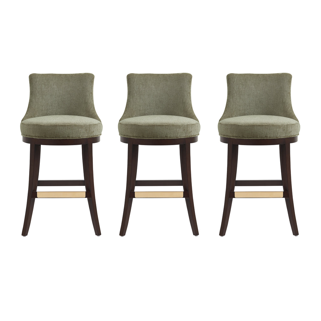 Manhattan Comfort Lucia Modern Chenille Wood Upholstered Barstool in Leaf Green - Set of 3