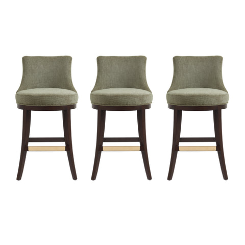 Manhattan Comfort Lucia Modern Chenille Wood Upholstered Barstool in Leaf Green - Set of 3