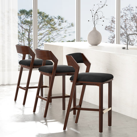 Manhattan Comfort Patricia Modern Wood Upholstered Barstool in Black - Set of 3