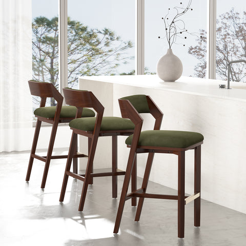 Manhattan Comfort Patricia Modern Wood Upholstered Barstool in Turtle Green - Set of 3