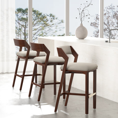 Manhattan Comfort Patricia Modern Wood Upholstered Barstool in Linen - Set of 3