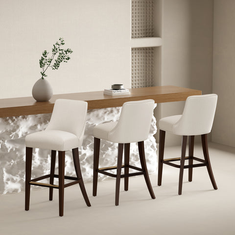 Manhattan Comfort Beever Modern Chenille Wood Upholstered Barstool in Cream - Set of 3