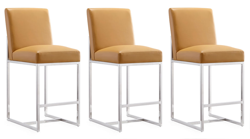 Manhattan Comfort Element Modern Metal Upholstered Counter Stool in Camel - Set of 3
