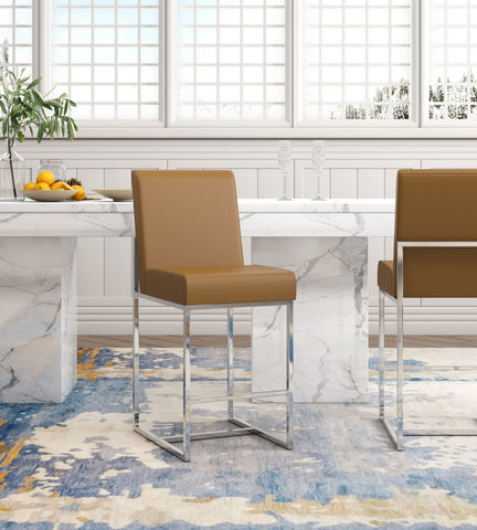 Manhattan Comfort Element Modern Metal Upholstered Counter Stool in Camel - Set of 3