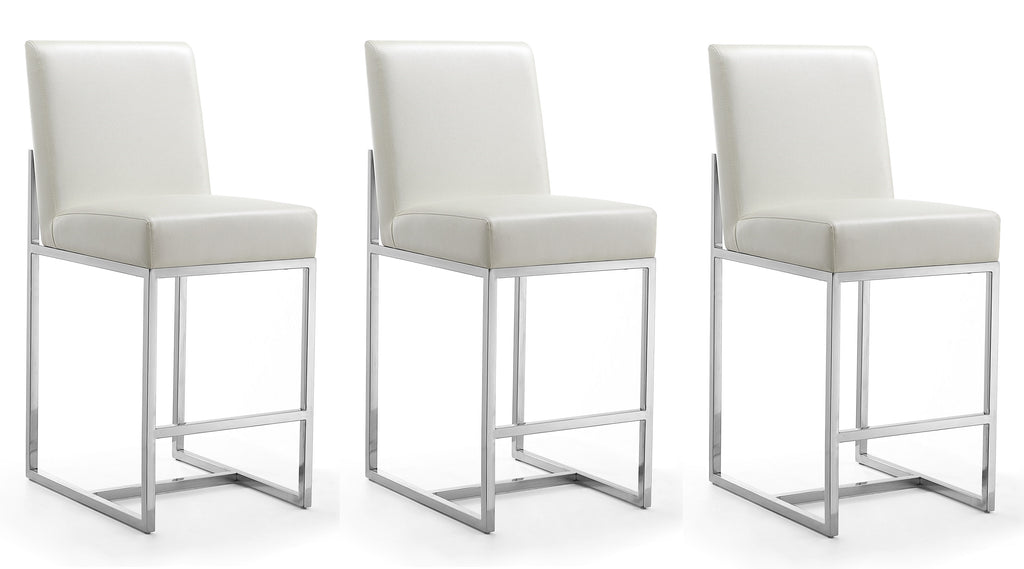 Manhattan Comfort Element Modern Metal Upholstered Counter Stool in Pearl White - Set of 3