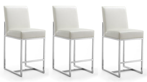 Manhattan Comfort Element Modern Metal Upholstered Counter Stool in Pearl White - Set of 3