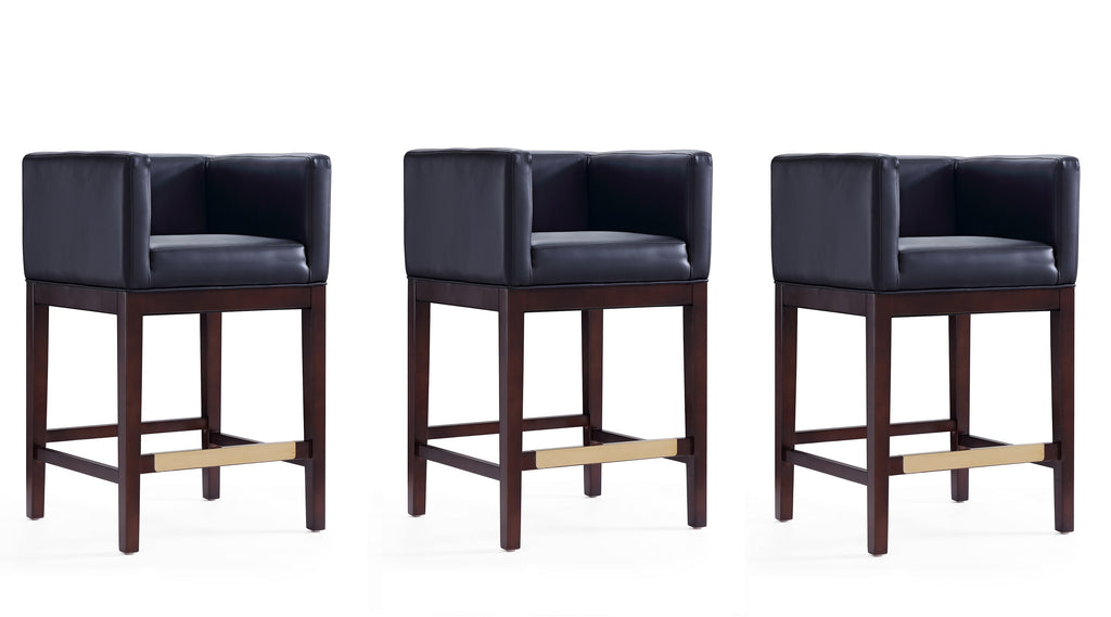 Manhattan Comfort Kingsley Mid-Century Modern Wood Upholstered Counter Stool in Black - Set of 3