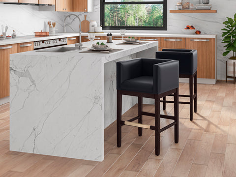 Manhattan Comfort Kingsley Mid-Century Modern Wood Upholstered Counter Stool in Black - Set of 3