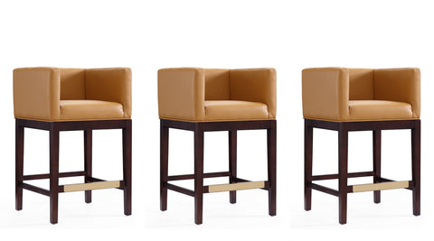 Manhattan Comfort Kingsley Mid-Century Modern Wood Upholstered Counter Stool in Camel - Set of 3