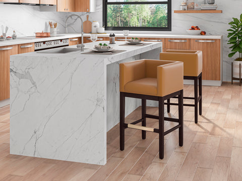 Manhattan Comfort Kingsley Mid-Century Modern Wood Upholstered Counter Stool in Camel - Set of 3