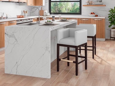 Manhattan Comfort Kingsley Mid-Century Modern Wood Upholstered Counter Stool in Ivory - Set of 3