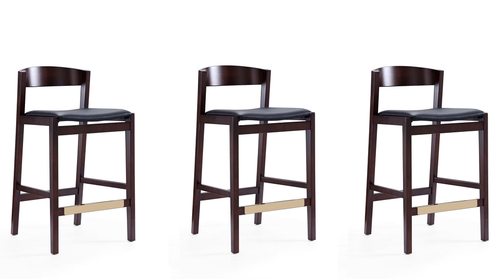 Manhattan Comfort Klismos Mid-Century Modern Wood Upholstered Counter Stool in Black - Set of 3