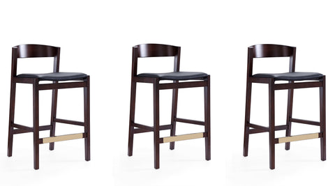 Manhattan Comfort Klismos Mid-Century Modern Wood Upholstered Counter Stool in Black - Set of 3