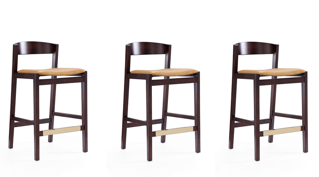 Manhattan Comfort Klismos Mid-Century Modern Wood Upholstered Counter Stool in Camel - Set of 3