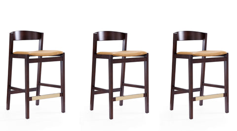 Manhattan Comfort Klismos Mid-Century Modern Wood Upholstered Counter Stool in Camel - Set of 3